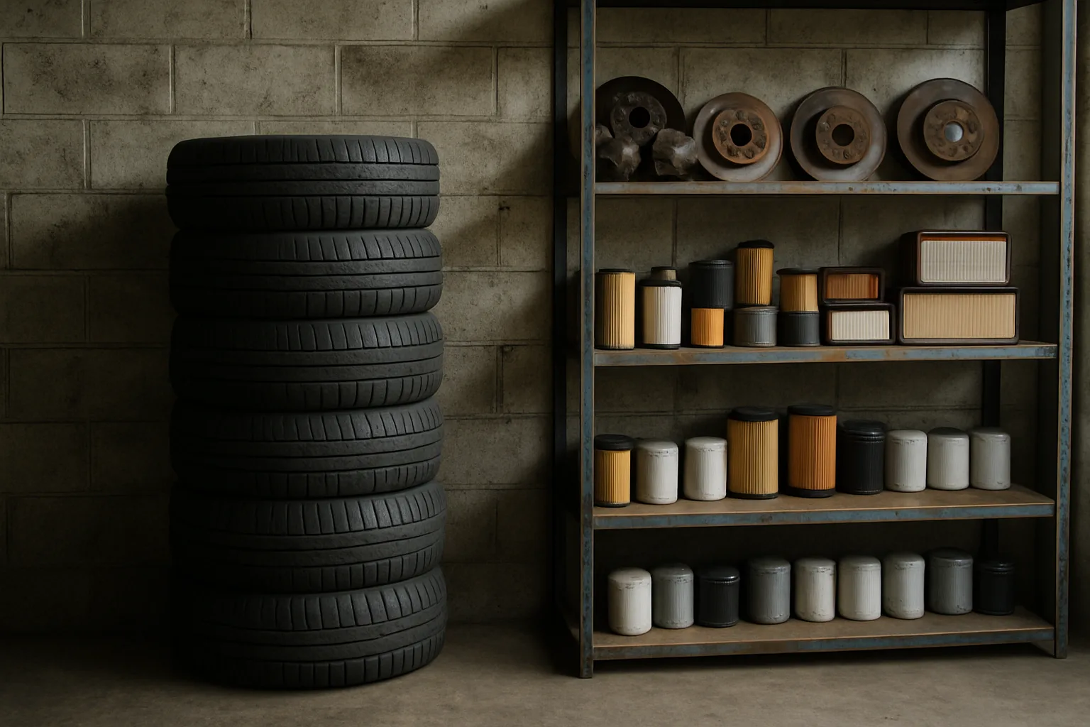 Auto parts inventory and tires stored in repair shop